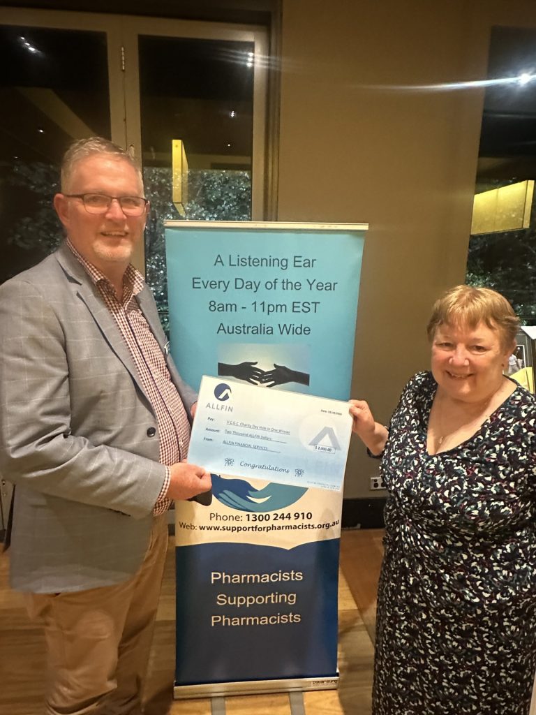 Allfin’s Steve Haase presenting cheque to Pharmacy Support Services